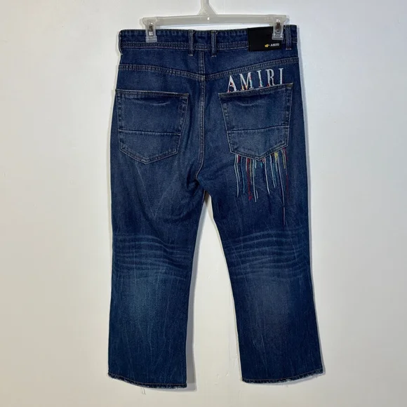 Amiri Blue Jeans Men’s Size 34 HEMMED Embroidered Zipper Fly Distressed Straight